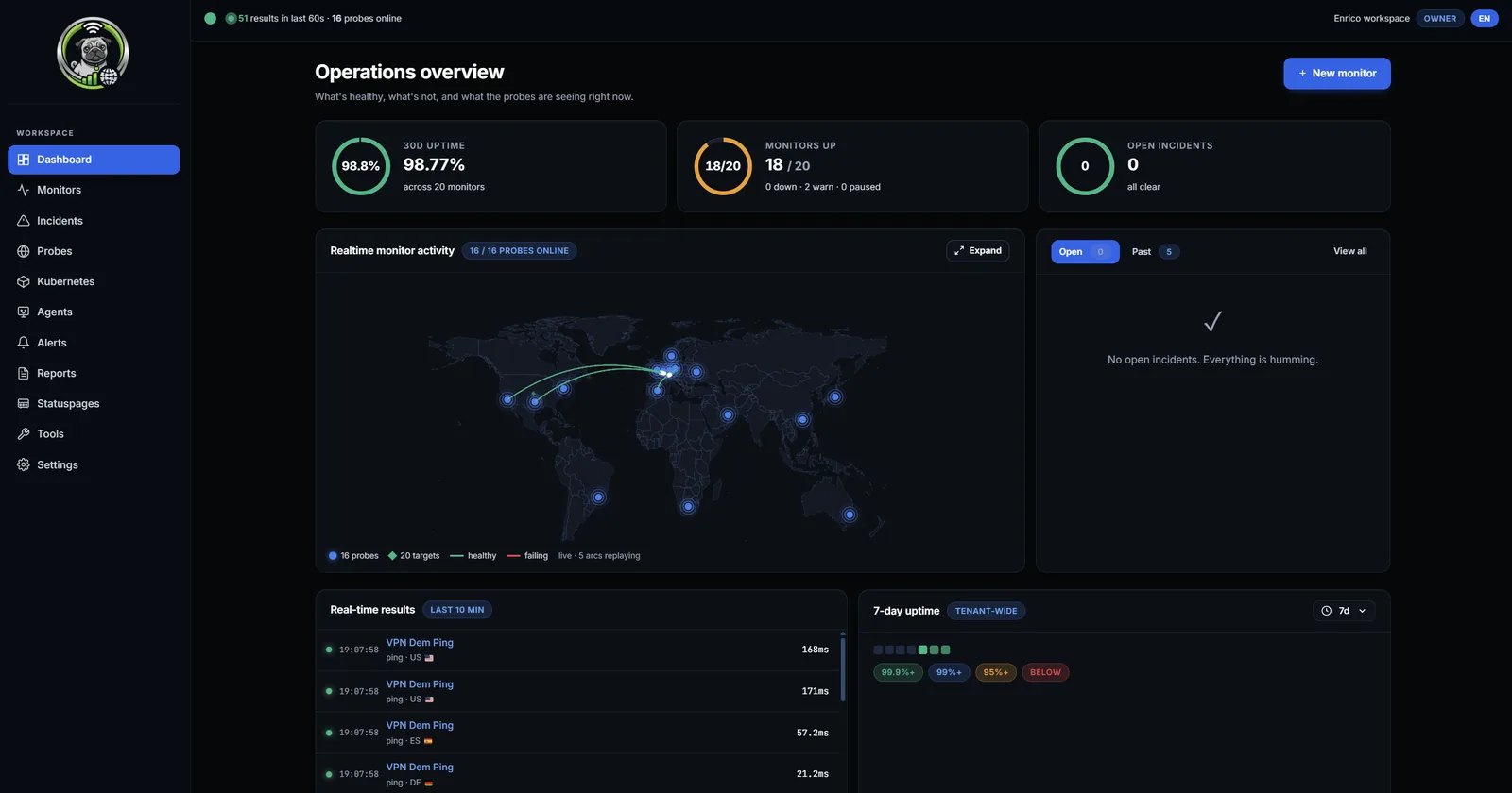 PingReports Dashboard mit Echtzeit-Karte für Probes und Agents