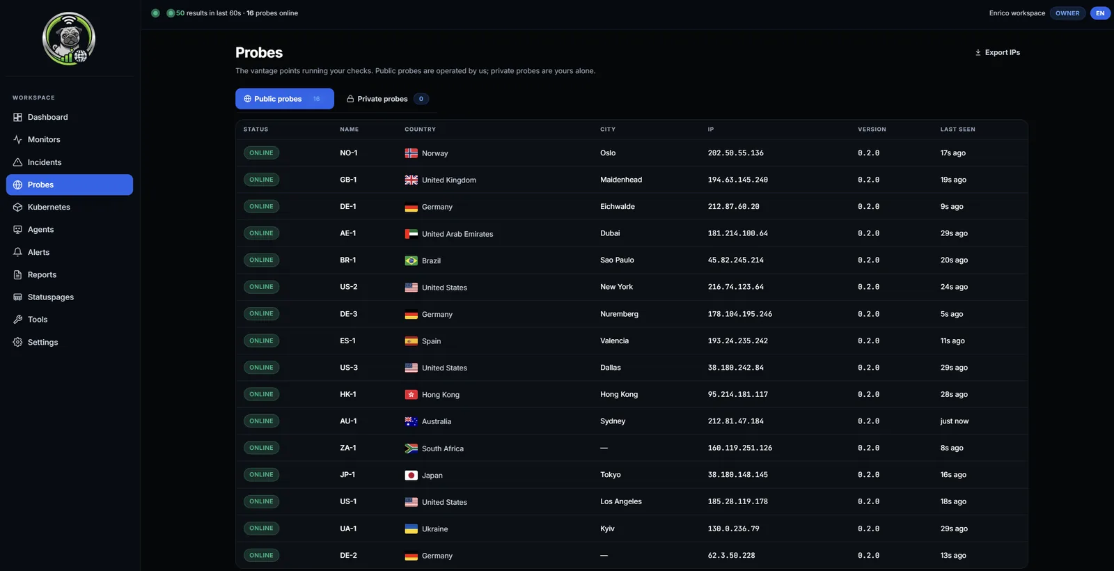 PingReports Probe-Liste