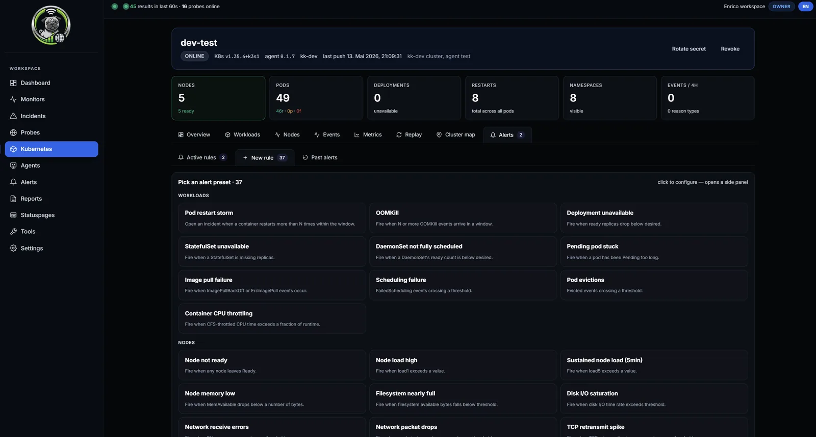PingReports neuer Alarmregel-Builder für k8s-Agent