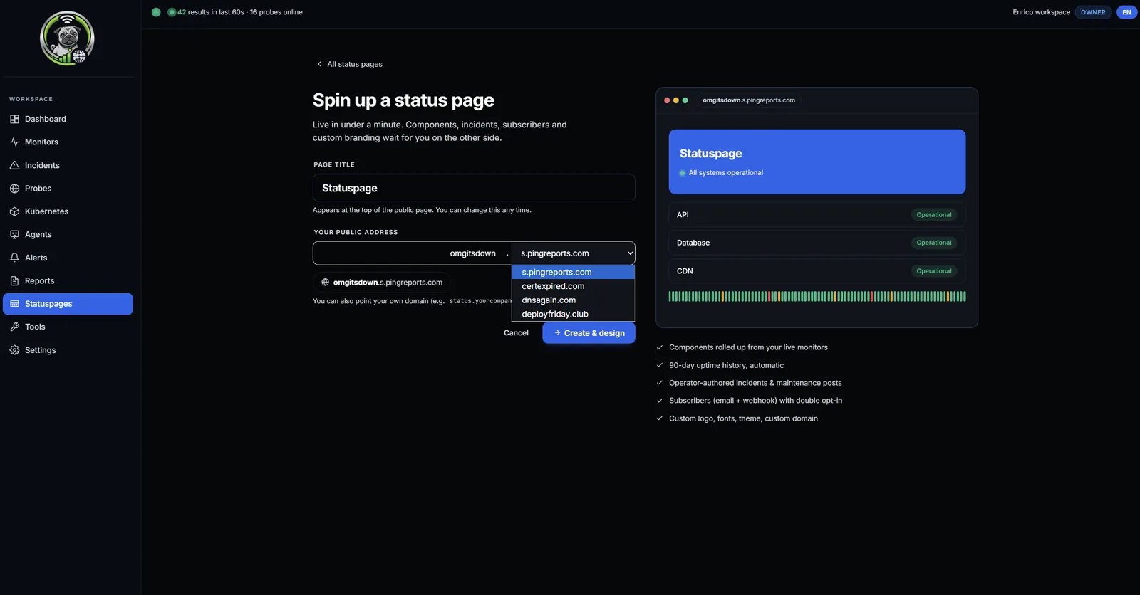 PingReports Status-Seite Einrichtungs-Wizard