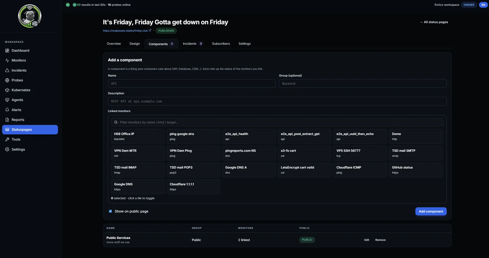 PingReports Status-Seite Komponenten-Zuordnung